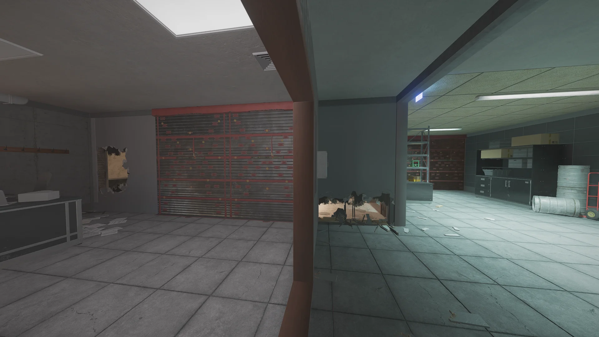 Ground-floor area on Coastline 1F with a reinforced shutter wall, breach holes, and a kitchen with stainless counters and kegs beyond
