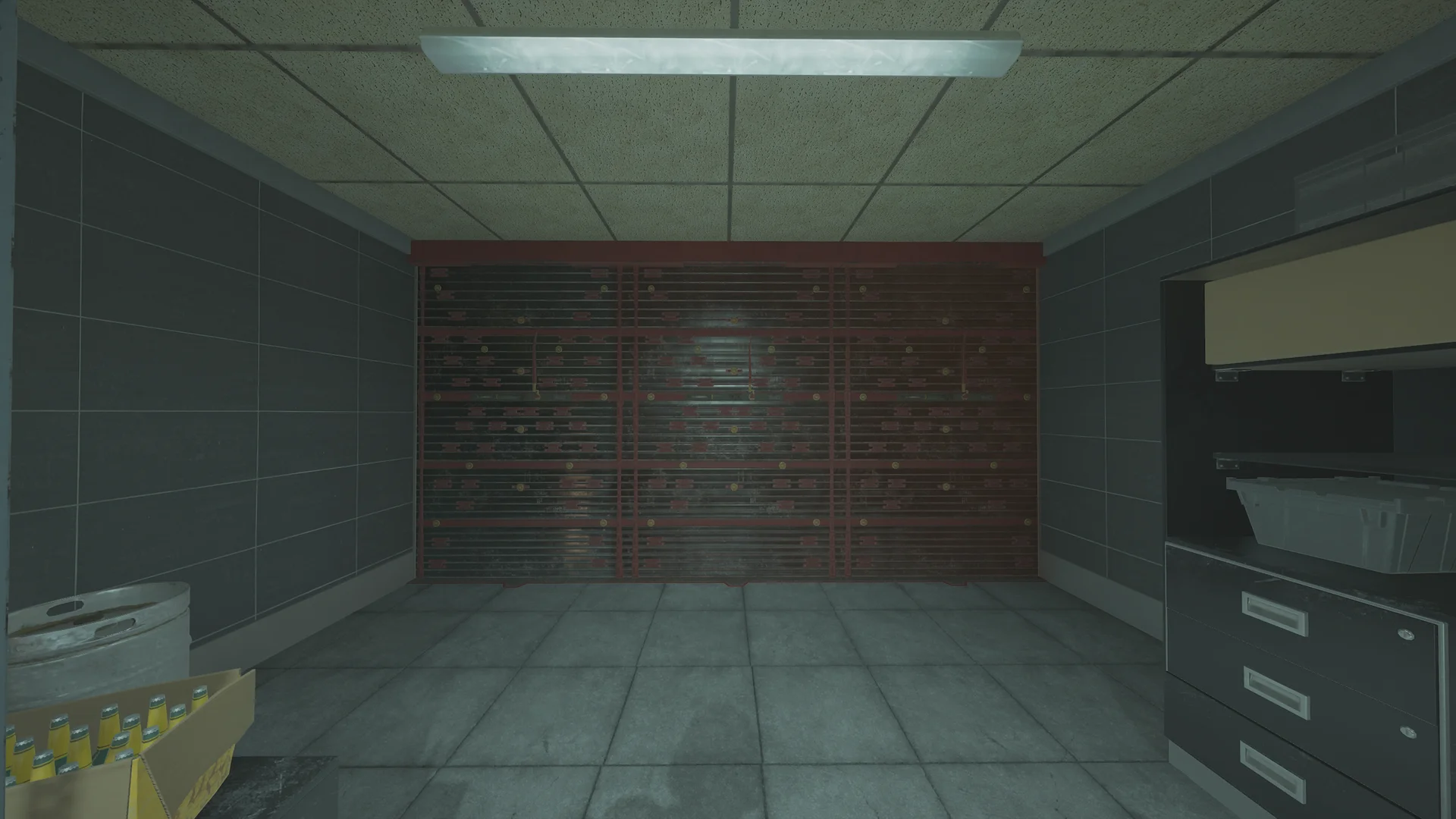 Dim tiled room on Coastline 1F with a reinforced shutter wall, grey counters and cabinets, and a keg and box of bottles at the corner