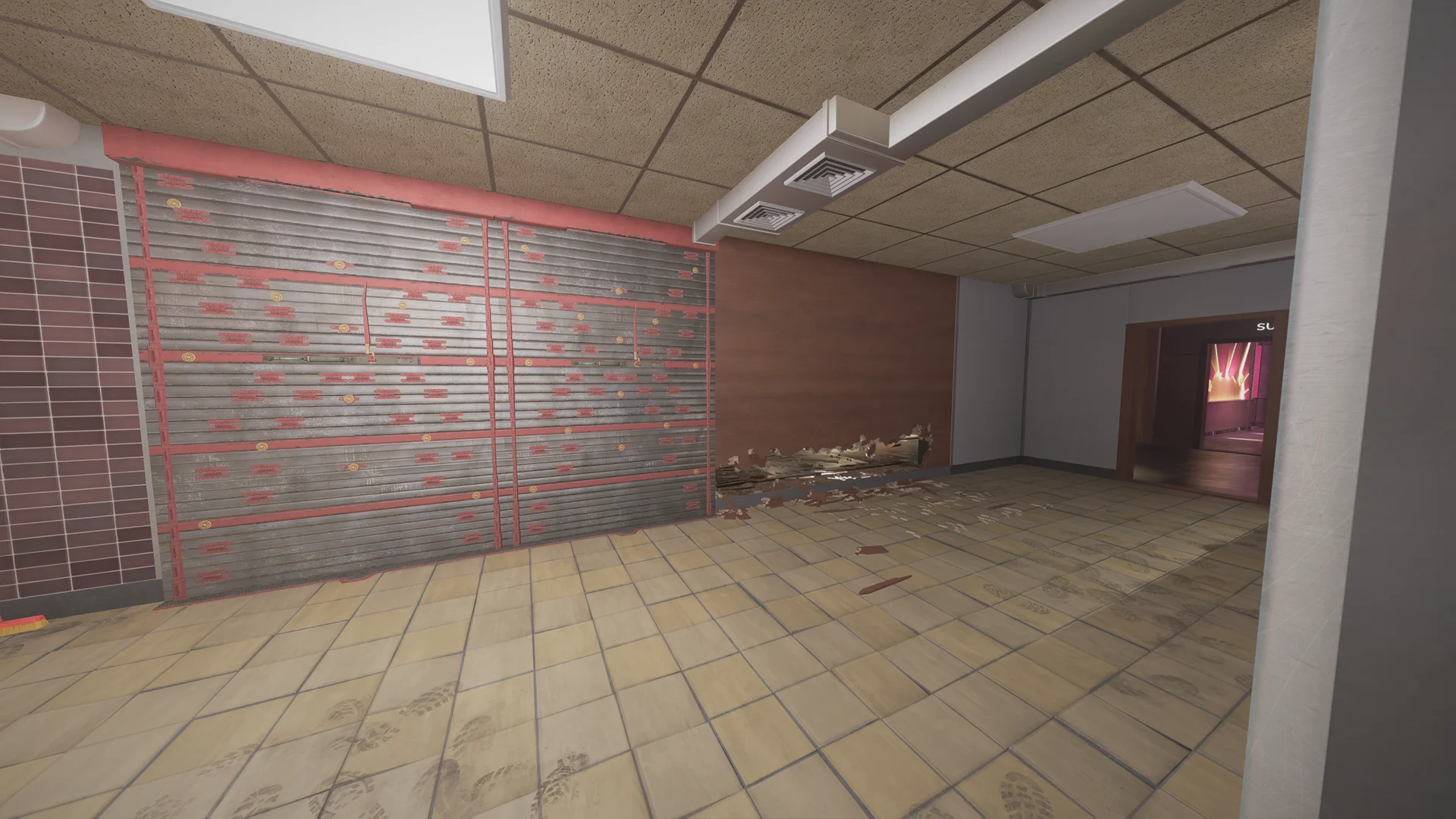 Tiled room on Coastline 1F with a reinforced shutter wall, a low breach hole in a wood-panel wall, and a corridor to a pink-lit room