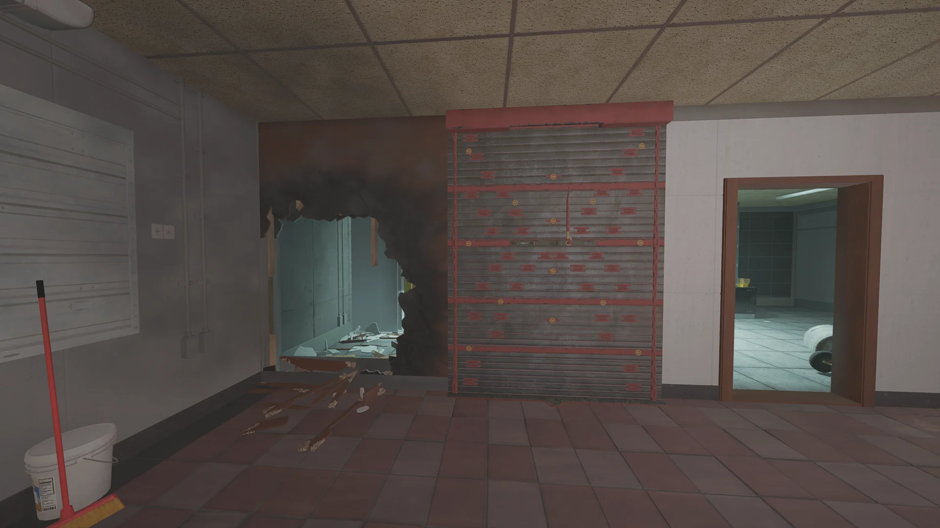 Tiled room on Coastline with a reinforced shutter wall and a scorched breach hole through the wall, and a doorway to another tiled room