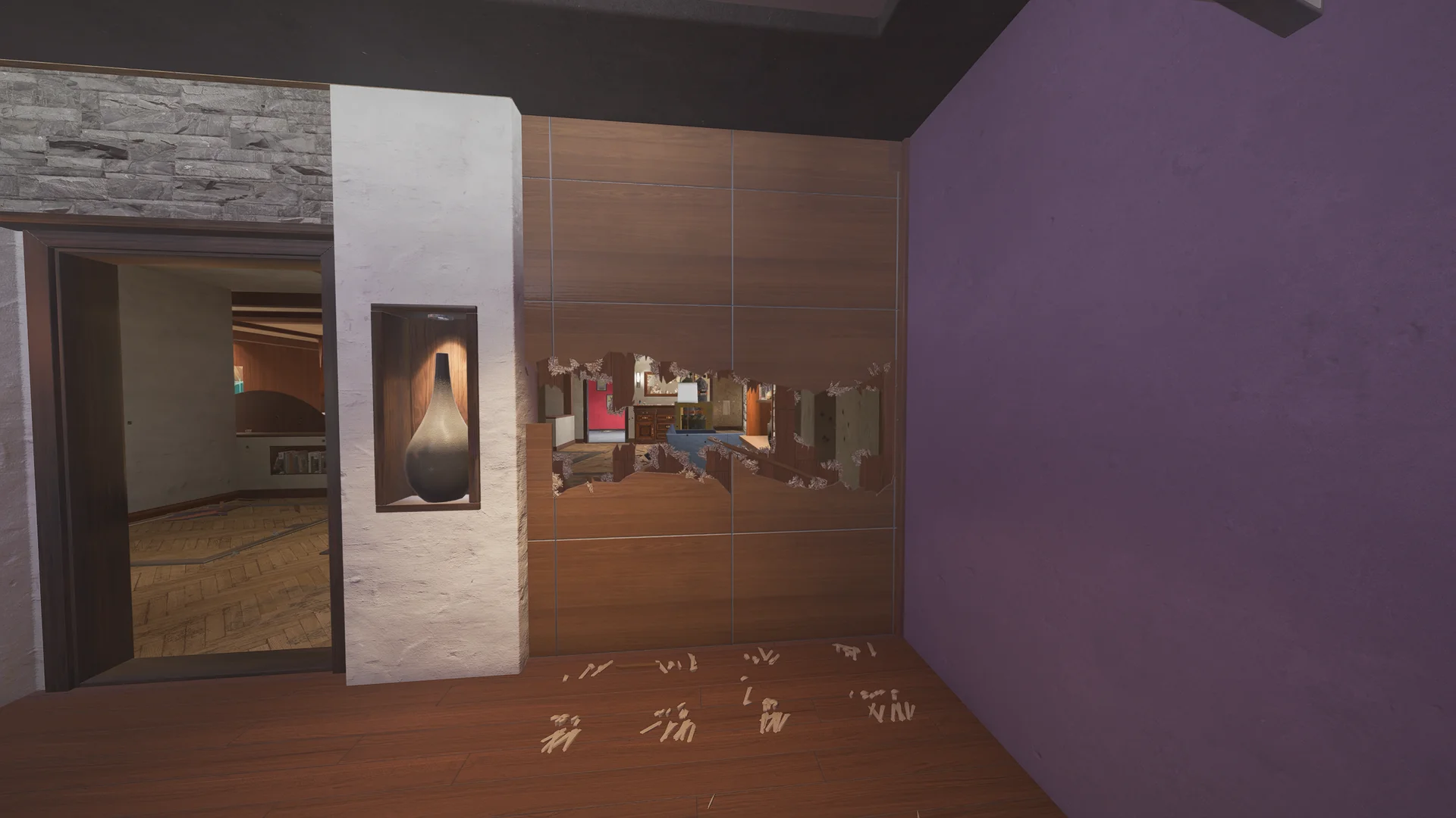 Room on Coastline 2F with a wood-panelled wall broken by a large breach hole, a lit vase in a niche, and an open doorway at left