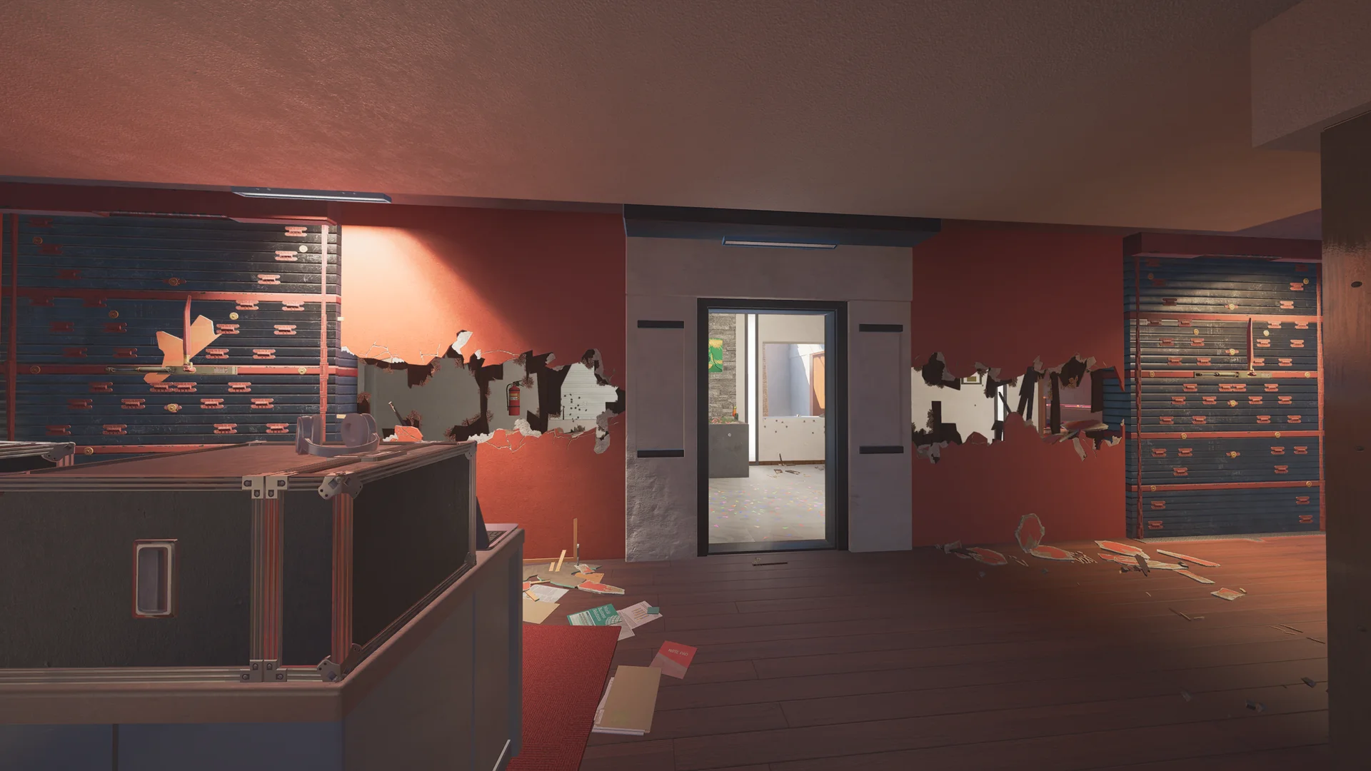 Orange room on Coastline 2F with reinforced shutter walls, long breach holes torn through them, and a reinforced doorway to a lit room