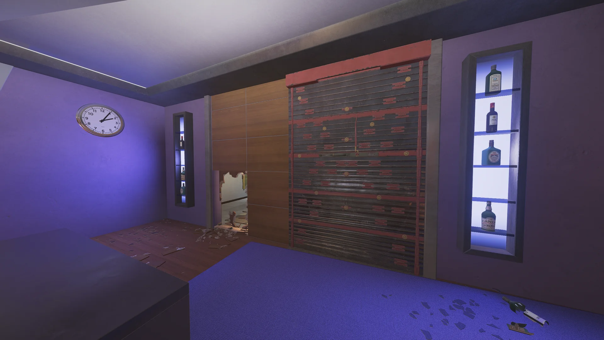 Purple room on Coastline 2F with a reinforced shutter wall, lit bottle display niches, a wall clock, and a breach hole in a wood wall
