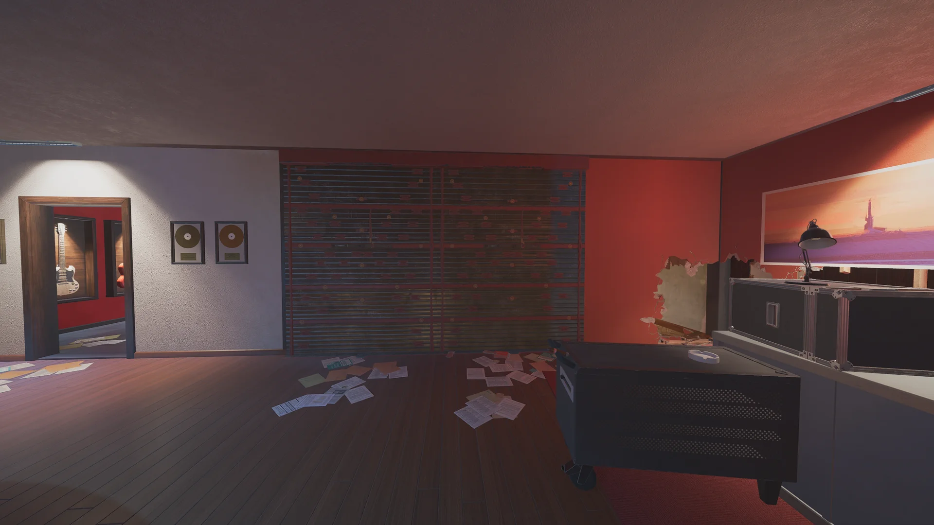 Red room on Coastline 2F with a reinforced shutter wall, framed gold records, a breach hole, and a doorway showing a guitar display