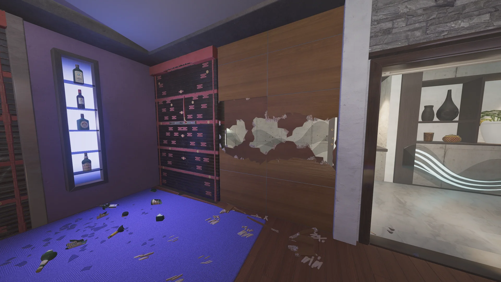 Purple room on Coastline 2F with a reinforced shutter wall, a lit bottle display niche, and a breach hole through a wood-panel wall