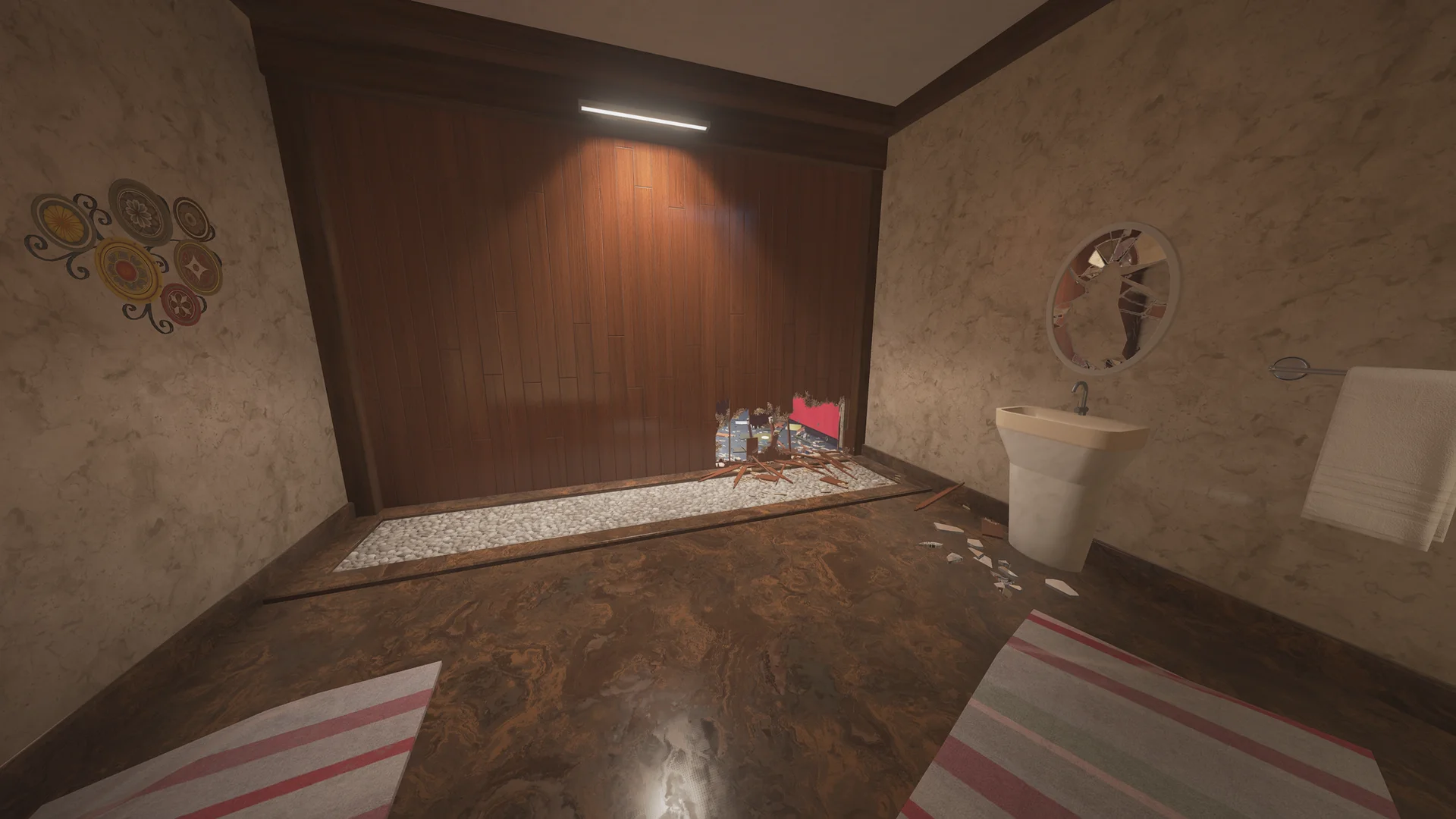 Bathroom on Coastline 2F with a pedestal sink, a cracked round mirror, a wood-panel wall with a low breach hole, and striped floor mats