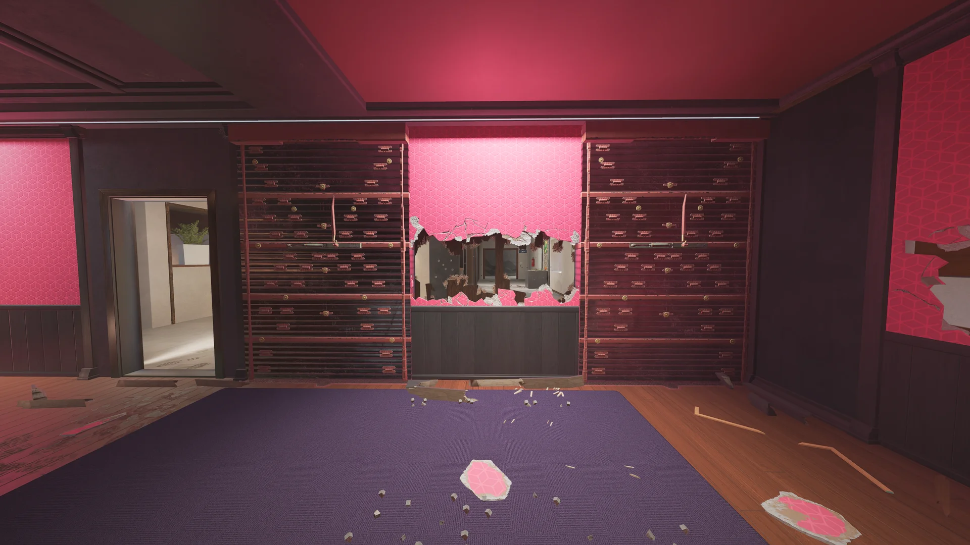Pink-tiled room on Coastline 2F with reinforced shutter walls, a breach hole above a cabinet, and a purple carpet strewn with debris