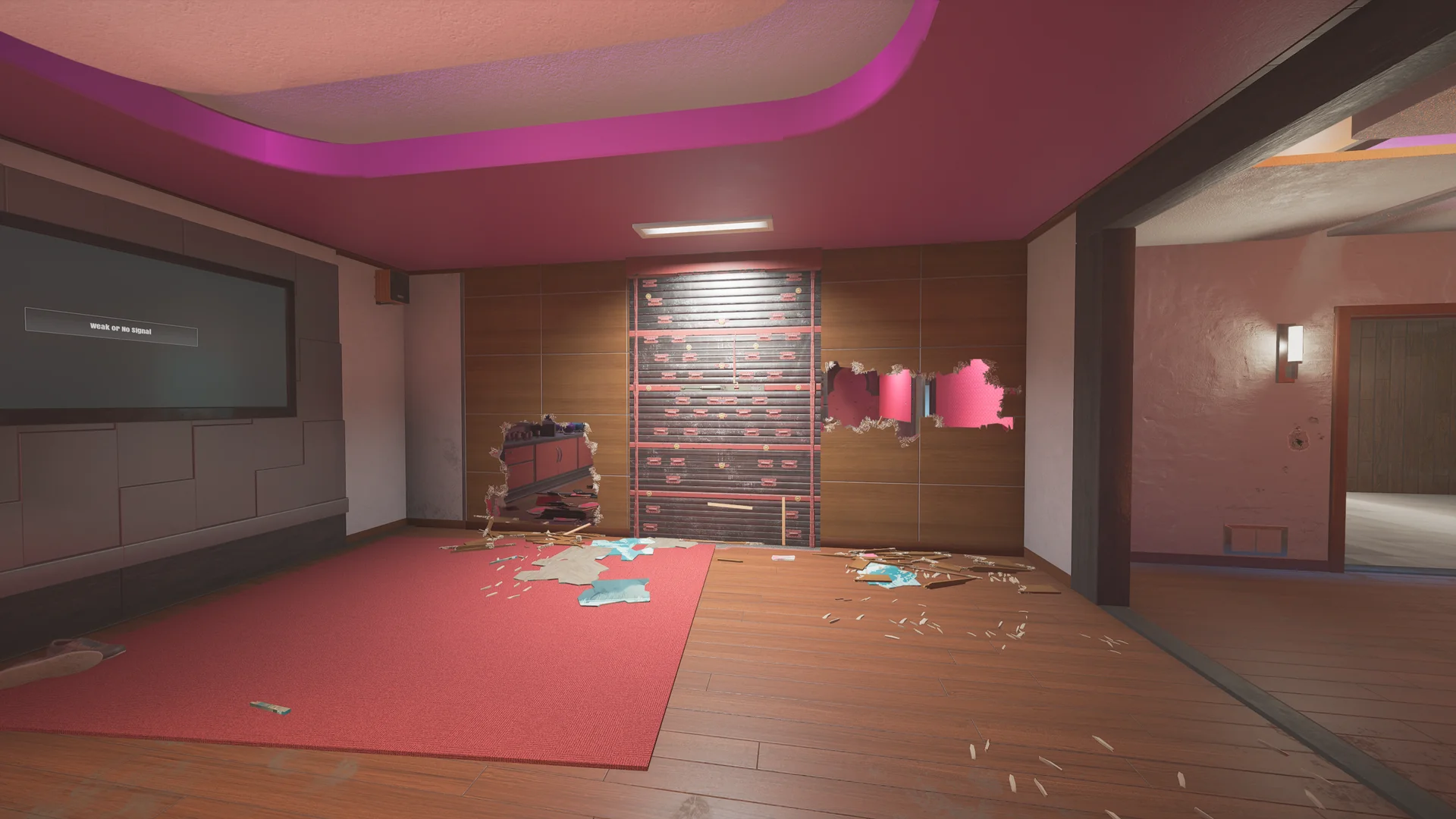 Room on Coastline 2F with a reinforced shutter wall, a wall-mounted TV, a breach hole to a pink-tiled room, and a red rug on the floor