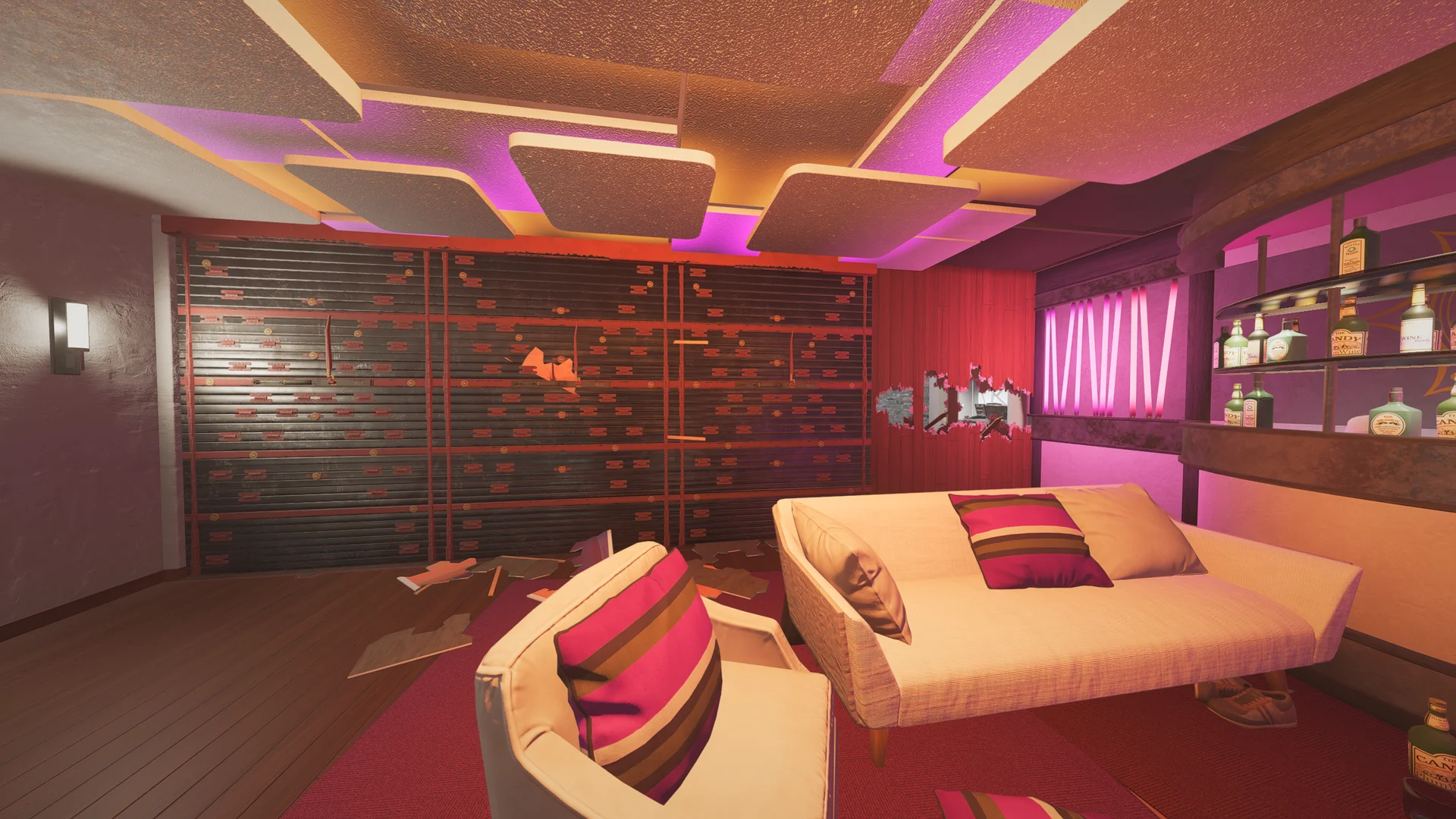 Pink-lit lounge on Coastline 2F with reinforced shutter walls, breach holes, a cream sofa with striped cushions, and a bottle-lined bar