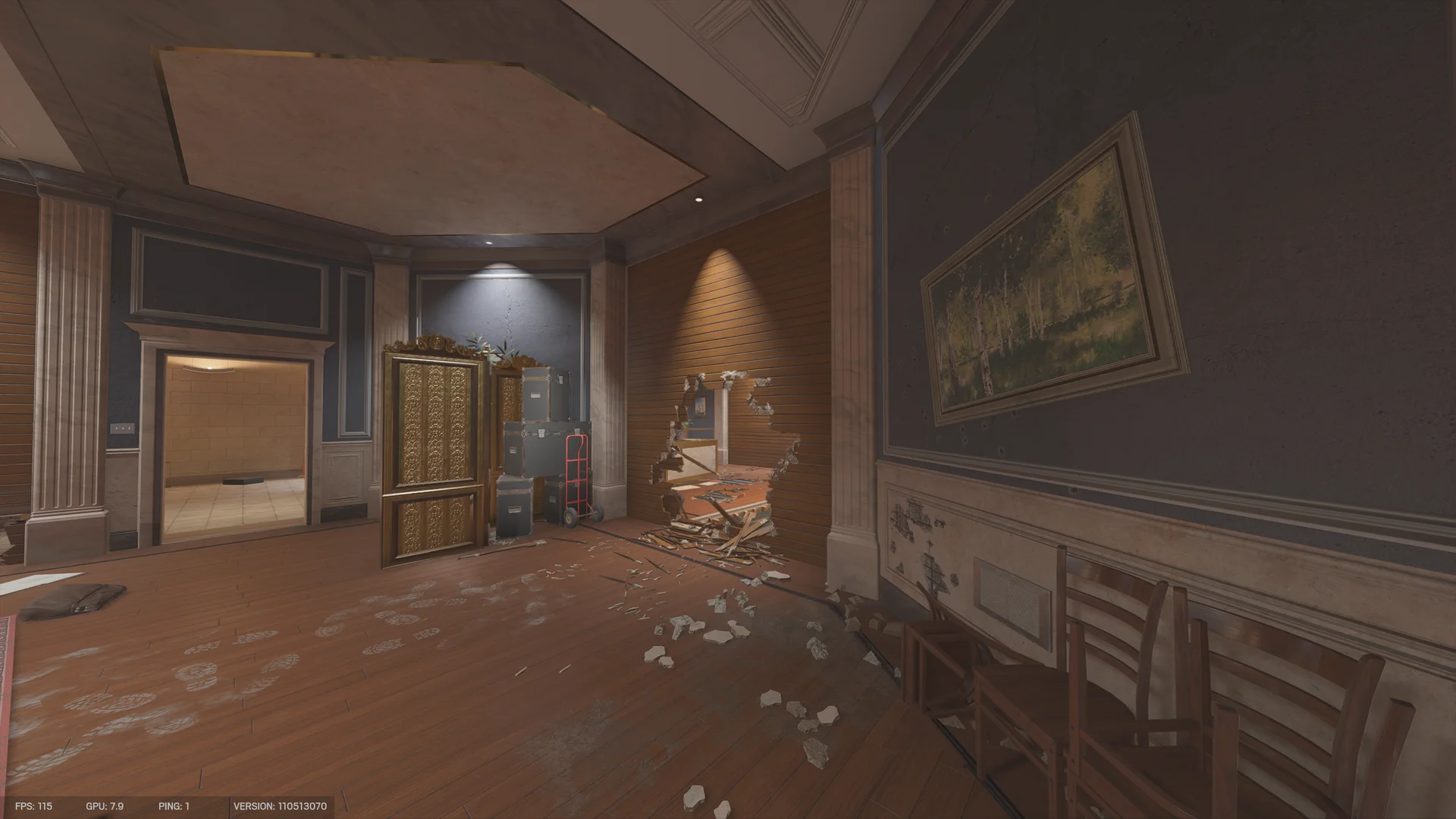 Grand room on Consulate 1F with a framed landscape painting, marble columns, an ornate gilded screen, and a breach hole in the wall