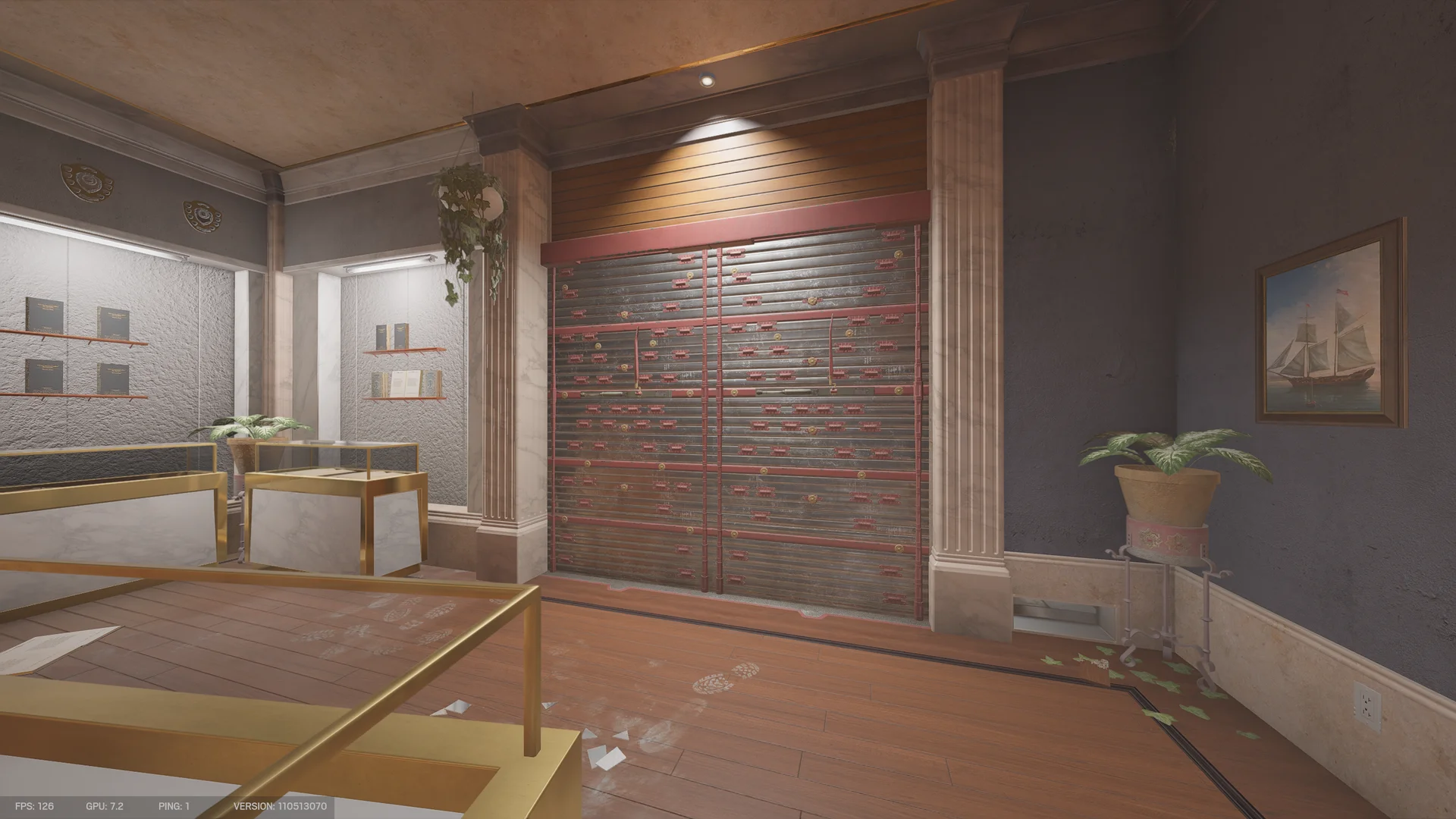Gallery on Consulate 1F with a reinforced shutter wall, marble columns, glass display cases holding open books, and a framed ship painting
