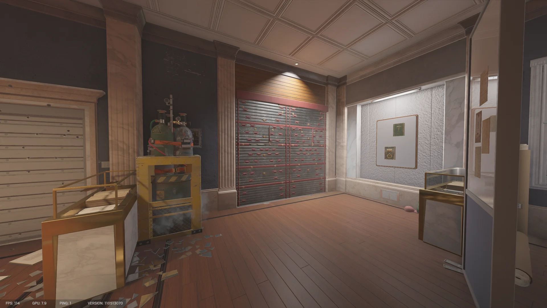 Museum gallery on Consulate 1F with reinforced shutter walls, gold-framed glass display cases, marble columns, and a lit wall niche