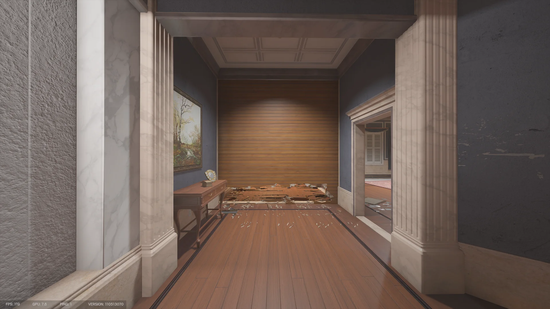 Hallway on Consulate 1F with a reinforced shutter, a framed landscape painting, a console table, marble columns, and a low breach hole