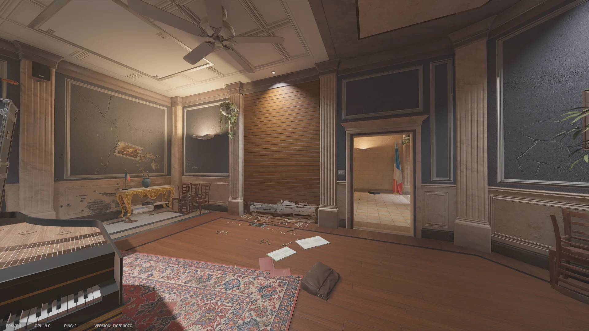 Ornate room on Consulate 1F with a reinforced shutter, a gilded console table with a flag, a harpsichord, a patterned rug, and wooden chairs