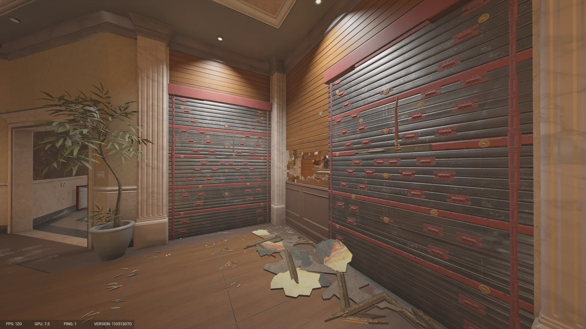 Corner room on Consulate 1F with two reinforced shutter walls, marble columns, a potted tree, and broken picture frames on the floor