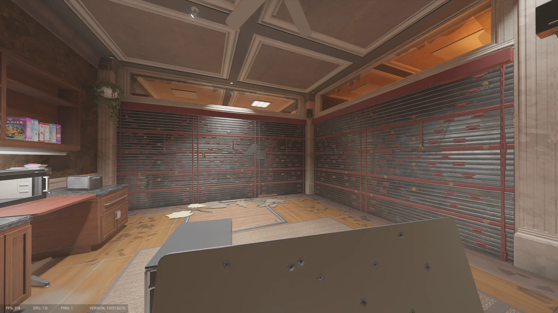 Ornate room on Consulate 2F with reinforced shutter walls on two sides, a coffered ceiling, and a kitchen counter with a microwave