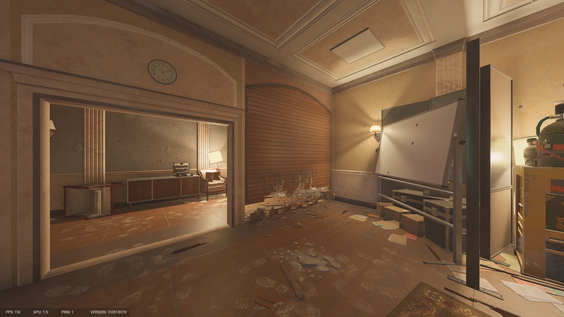 Ornate room on Consulate 2F with a wall clock, an arched opening to an adjacent room, a reinforced shutter, and road cases along the wall