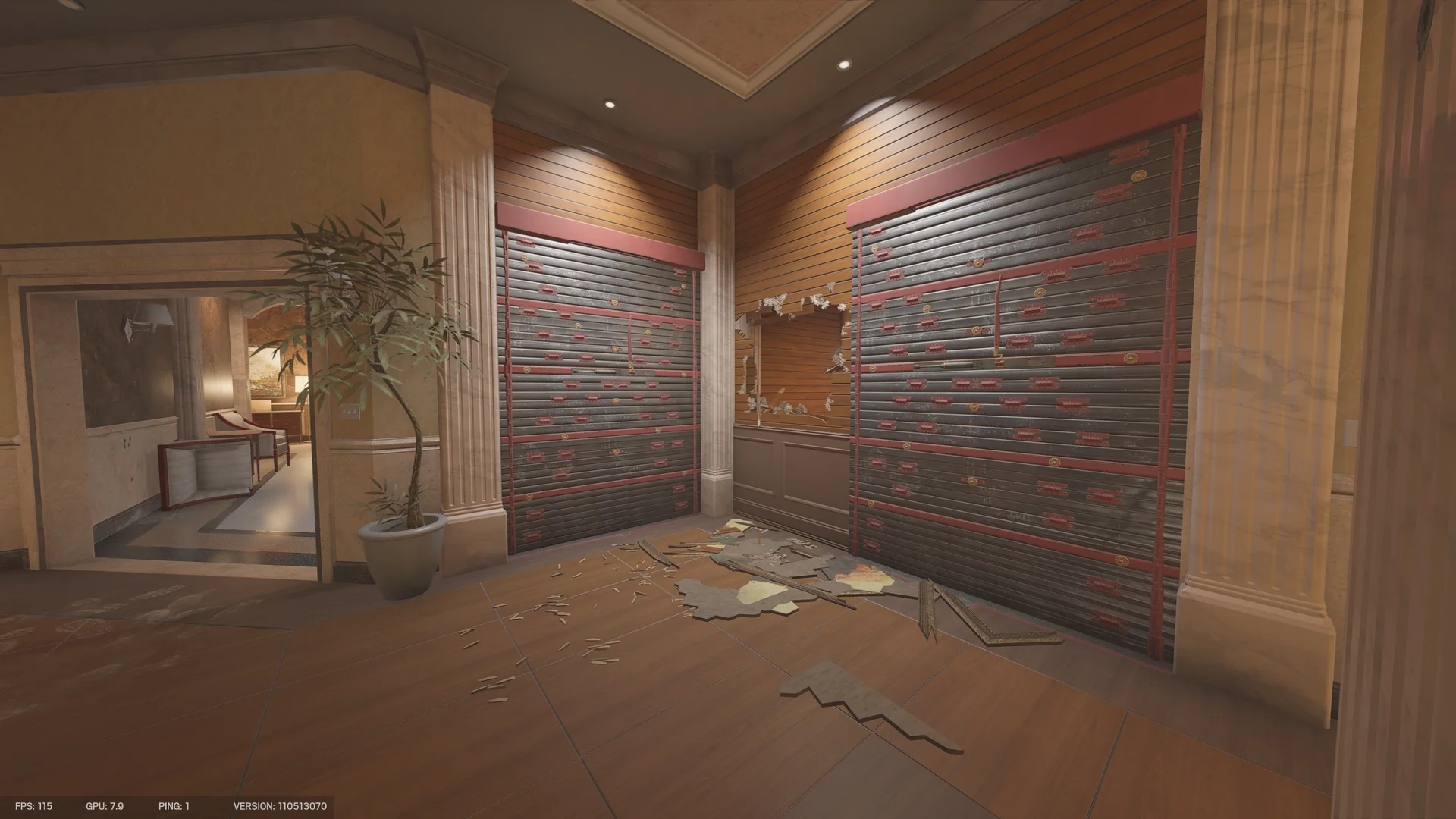 Ornate corner room on Consulate 2F with two reinforced shutter walls, marble columns, a potted plant, and a doorway to a marble hall