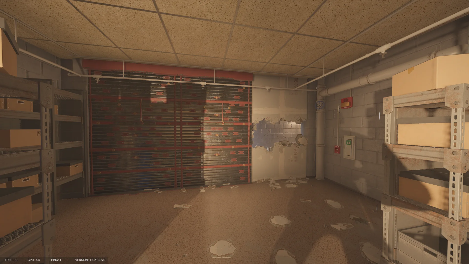 Basement storeroom in the Consulate with a reinforced shutter, a breach hole in the wall, and metal shelving stacked with cardboard boxes