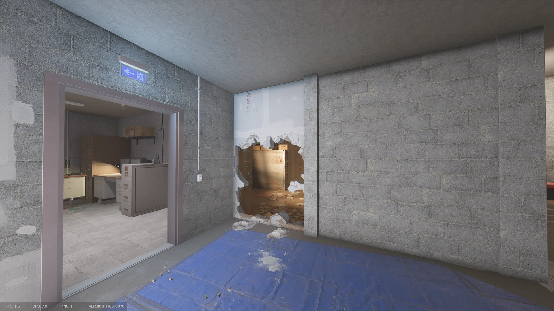 Basement room in the Consulate with an exit sign, a breach hole through the wall to a room with a safe, and a blue floor tarp with debris