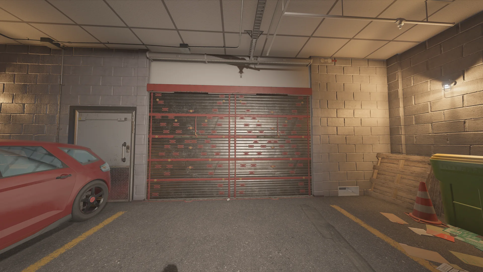Underground garage in the Consulate basement with a reinforced roll shutter, a parked red car, a steel door, stacked pallets, and a bin