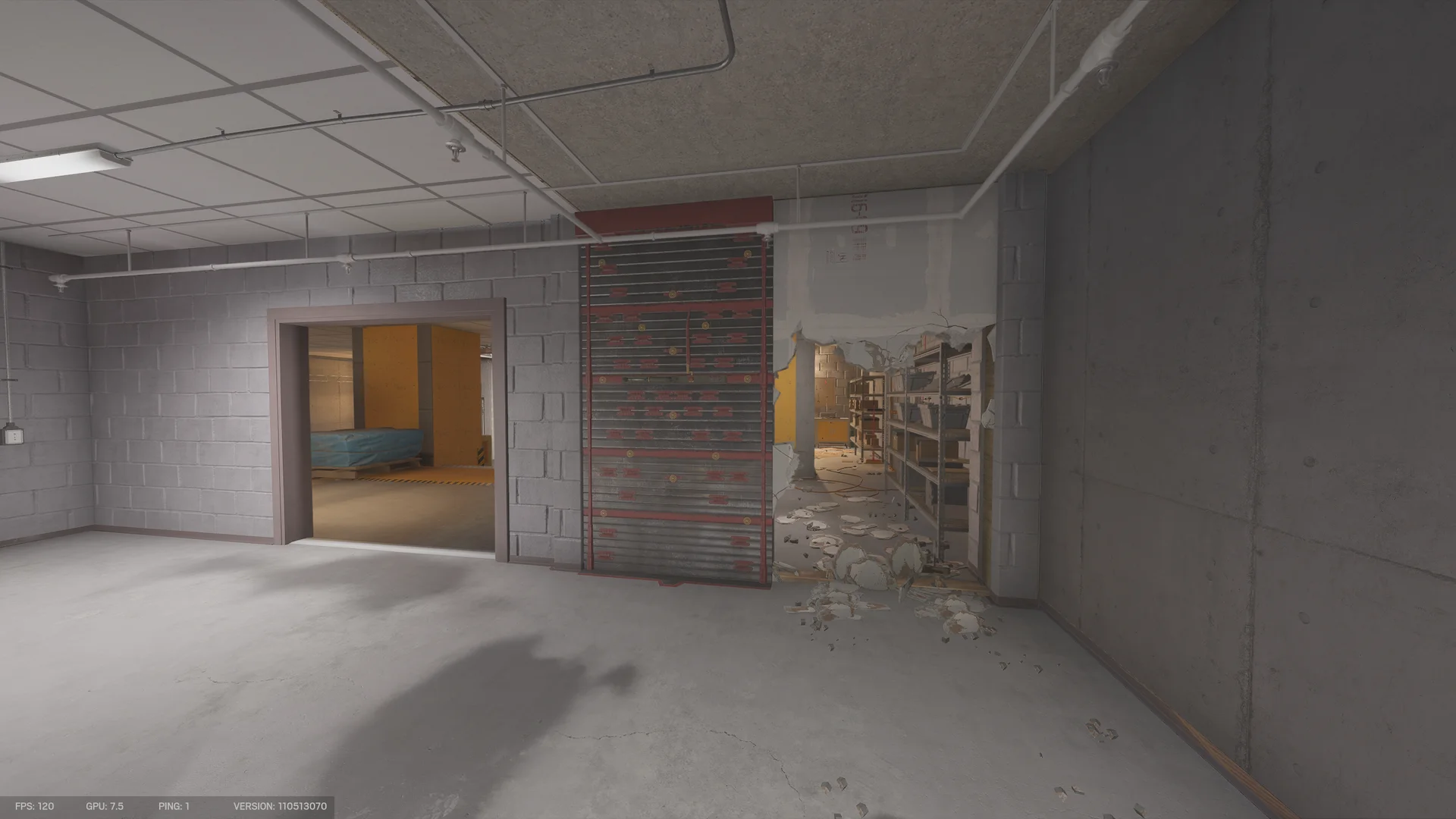 Basement room in the Consulate with a reinforced shutter, a large breach hole to a shelved storeroom, and a doorway at left