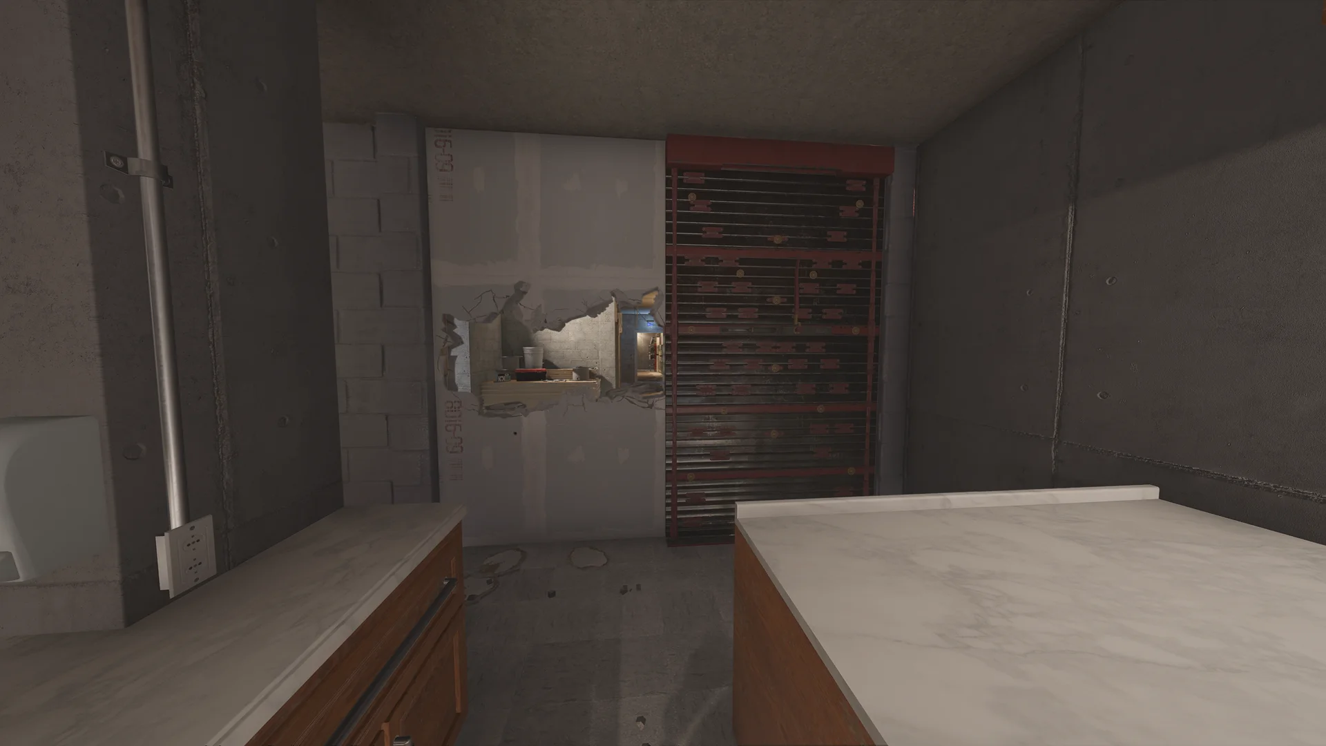 Basement washroom in the Consulate with a reinforced shutter, marble-topped counters, a urinal, and a breach hole through a drywall wall