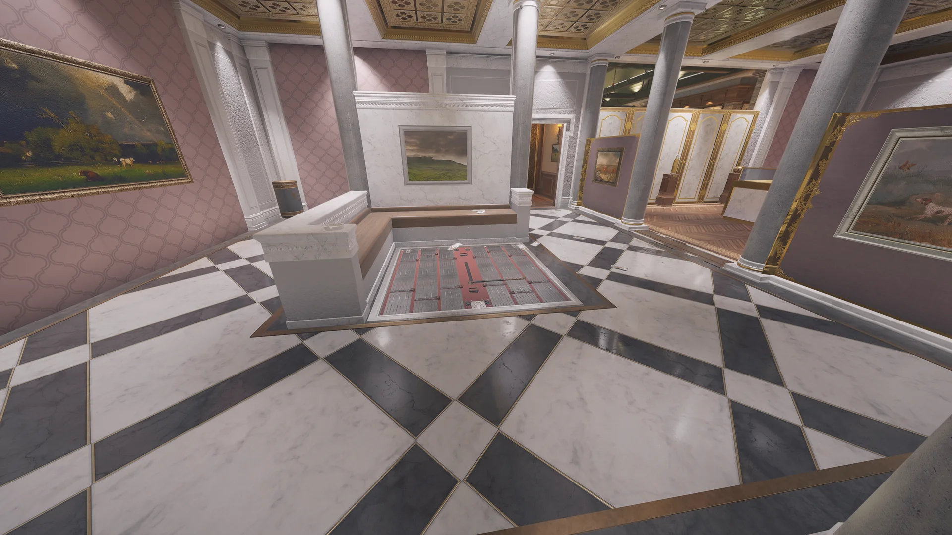 Grand gallery on Emerald Plains 1F with framed paintings, a reinforced floor hatch in the checkered marble floor, and marble columns