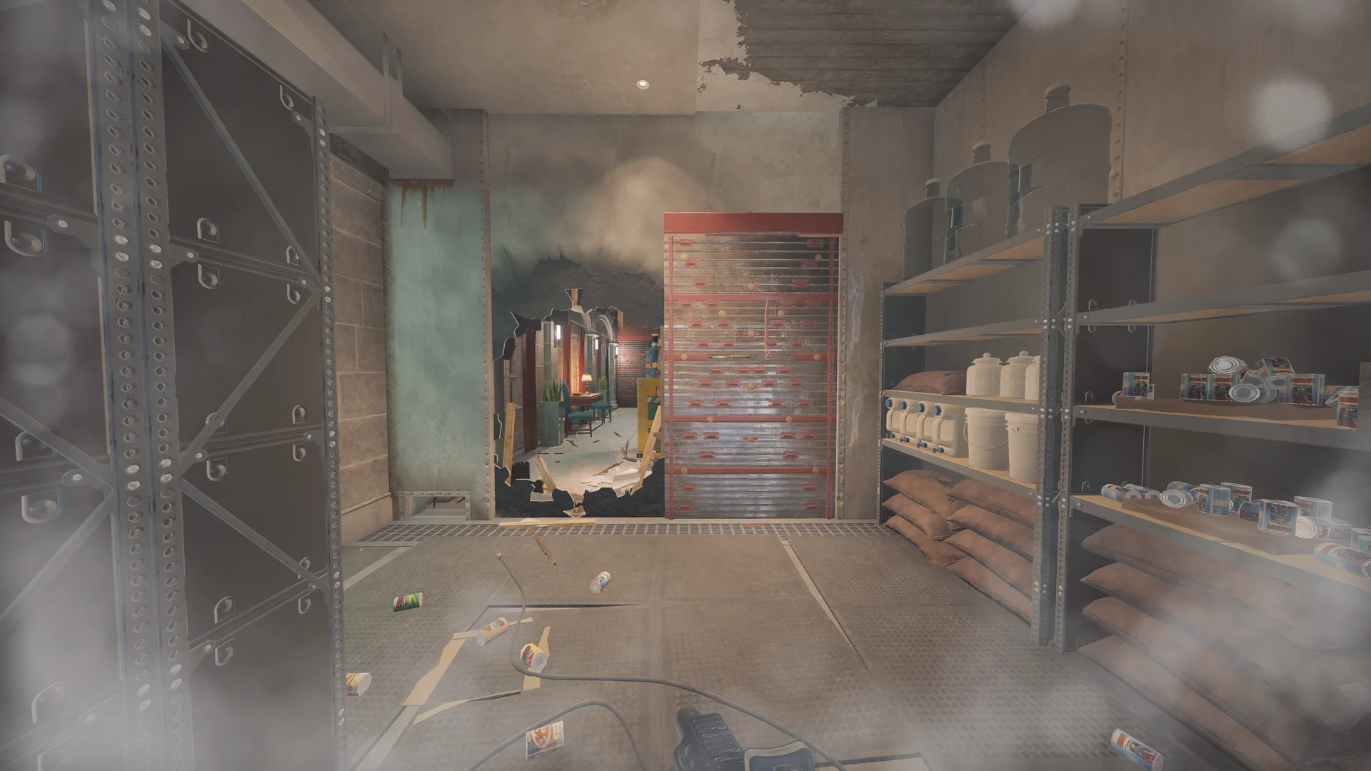 Storeroom on Emerald Plains 1F with a reinforced shutter, metal shelving of canned goods and grain sacks, and a breach hole into a lounge