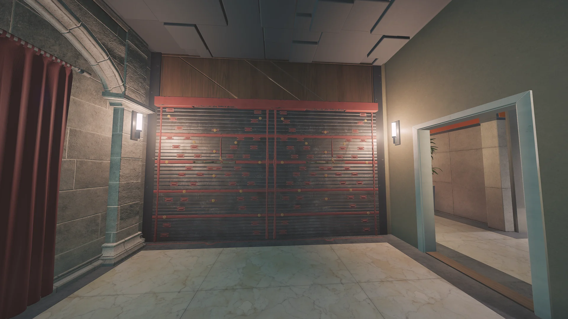 Room on Emerald Plains 1F with a large reinforced shutter on a wood-panel wall, wall lamps, a curtained stone arch, and a doorway at right