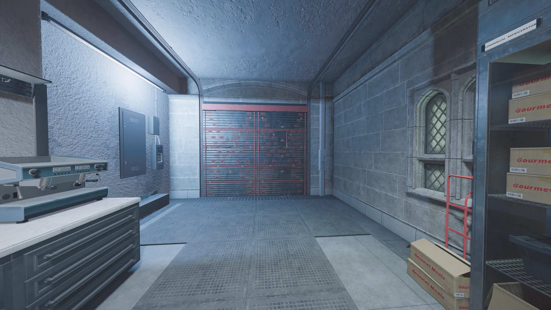 Kitchen on Emerald Plains 1F with a reinforced shutter in an arched opening, an espresso machine, and a refrigerator stocked with meal boxes