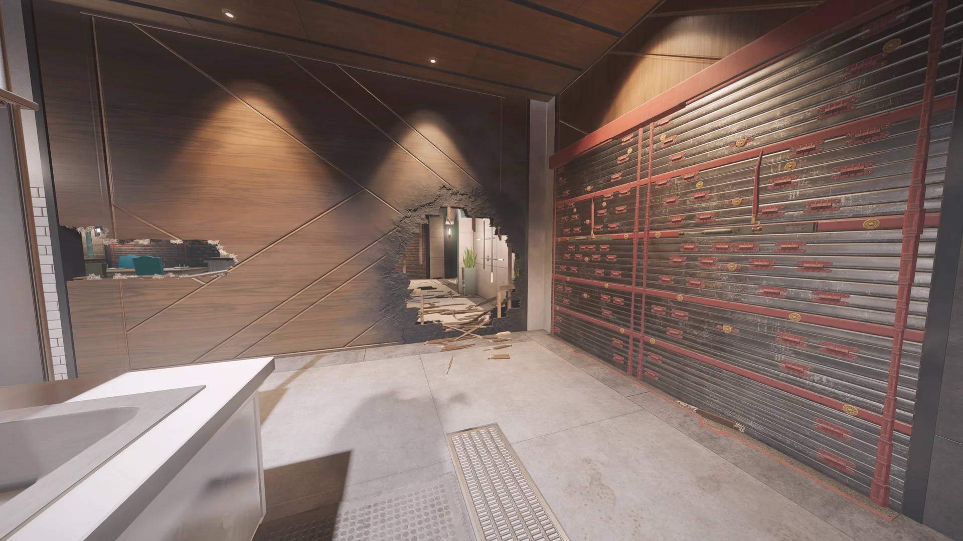 Modern restroom on Emerald Plains 1F with a reinforced shutter wall, a sink counter, a mirror, and a breach hole through a wood-panel wall