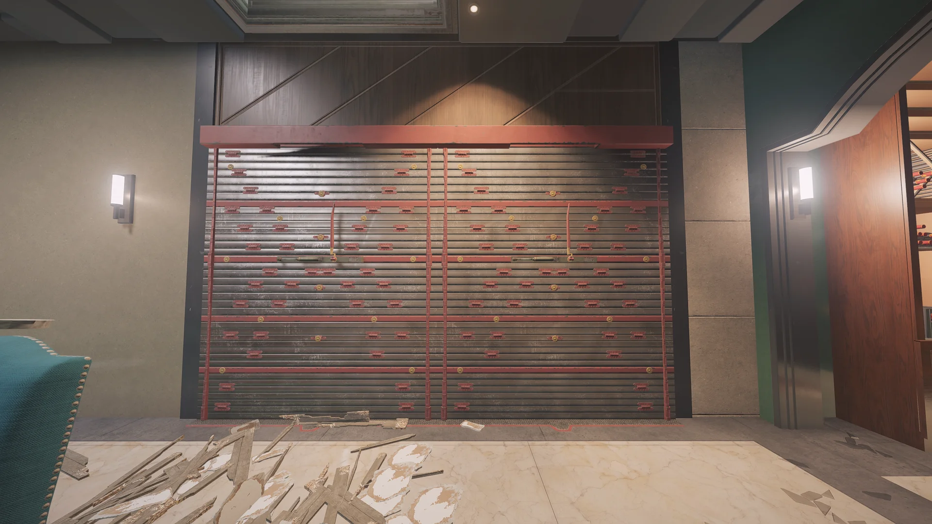 Modern hall on Emerald Plains 1F with a large reinforced shutter wall, wall lamps, a wood-panel wall, and drywall debris on the marble floor