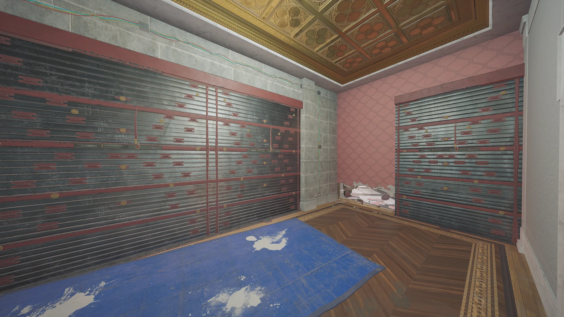 Room on Emerald Plains 2F with two reinforced shutter walls, a gilded coffered ceiling, pink wallpaper, and a blue rug on the parquet floor