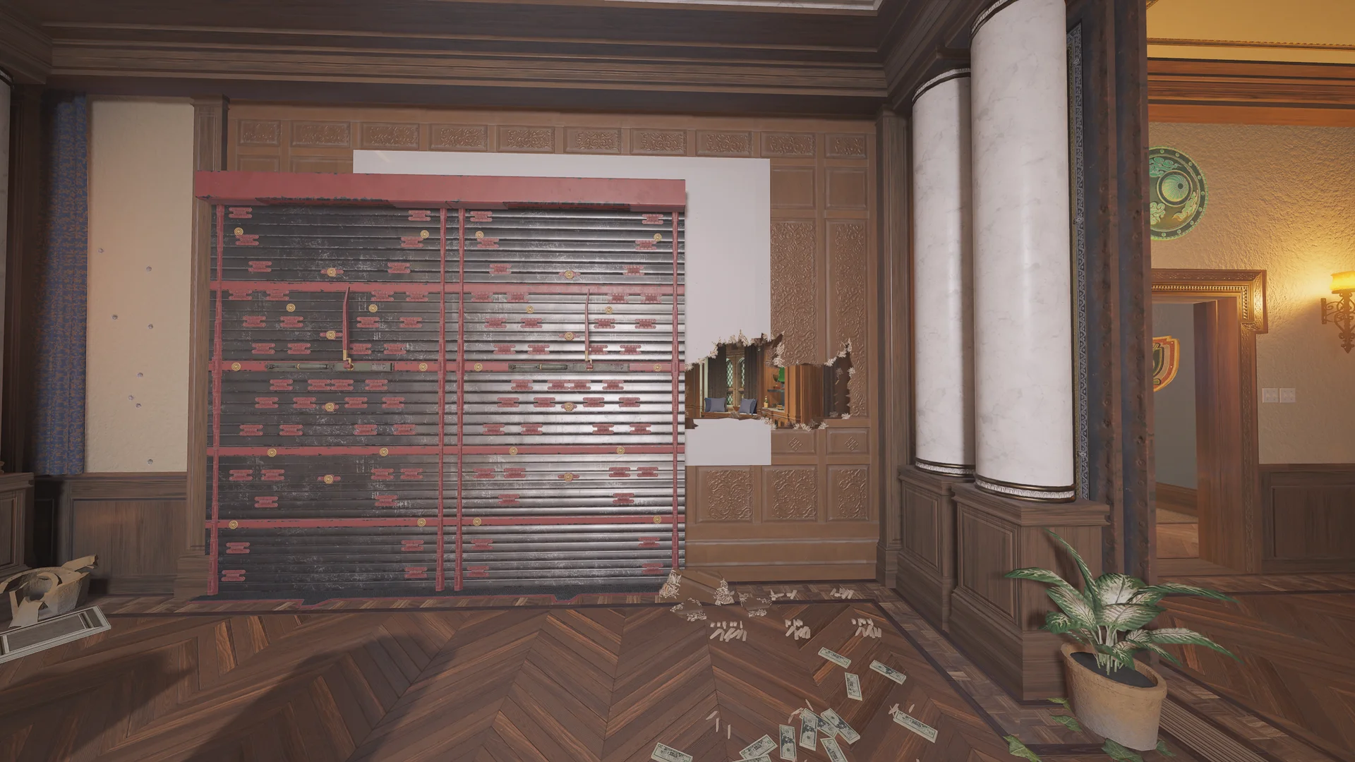 Ornate room on Emerald Plains 2F with a reinforced shutter, a breach hole into a bedroom, marble columns, and cash on the parquet floor