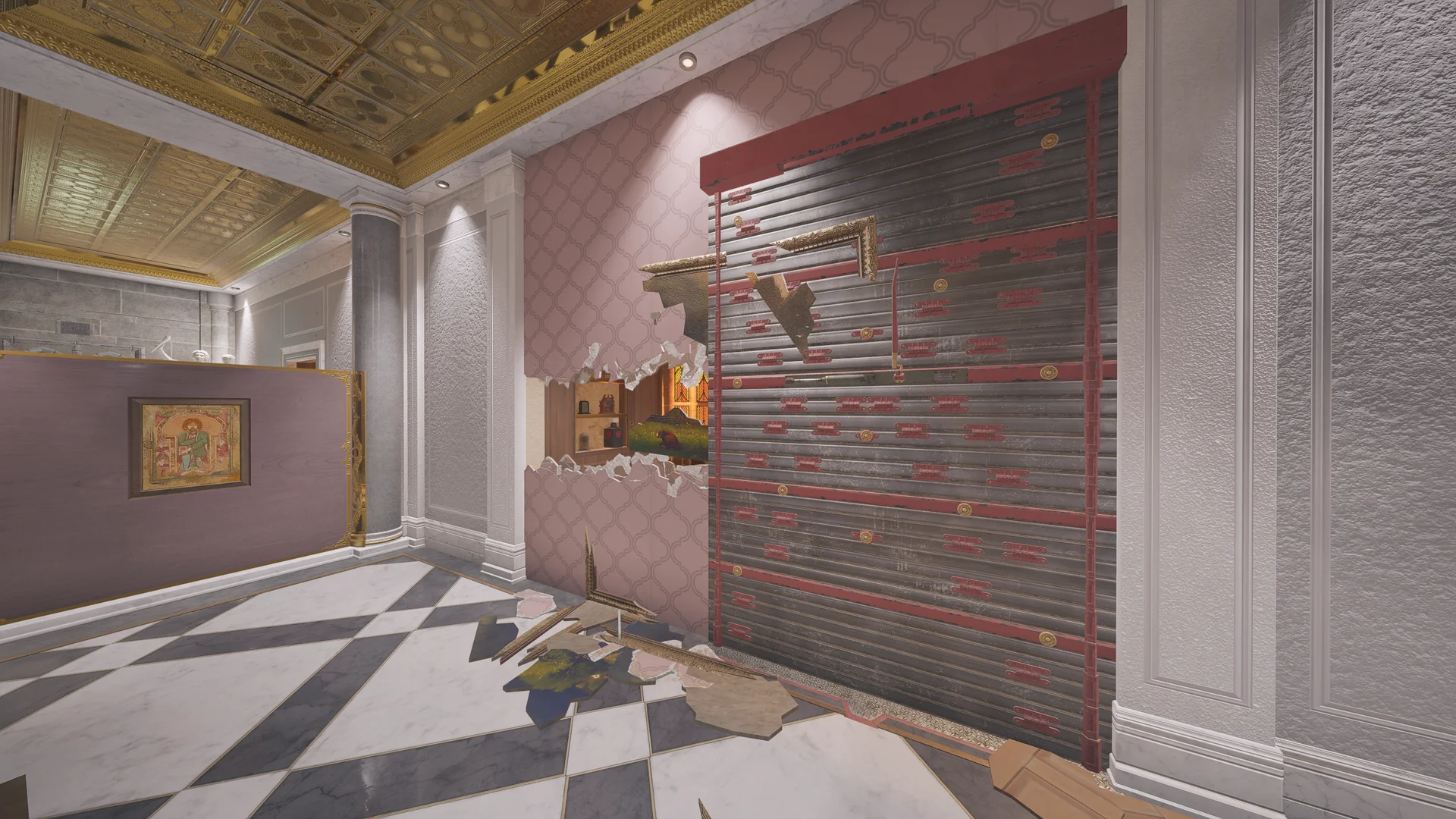 Ornate hall on Emerald Plains 2F with a reinforced shutter wall, a breach hole through wallpaper, marble columns, and a marble floor