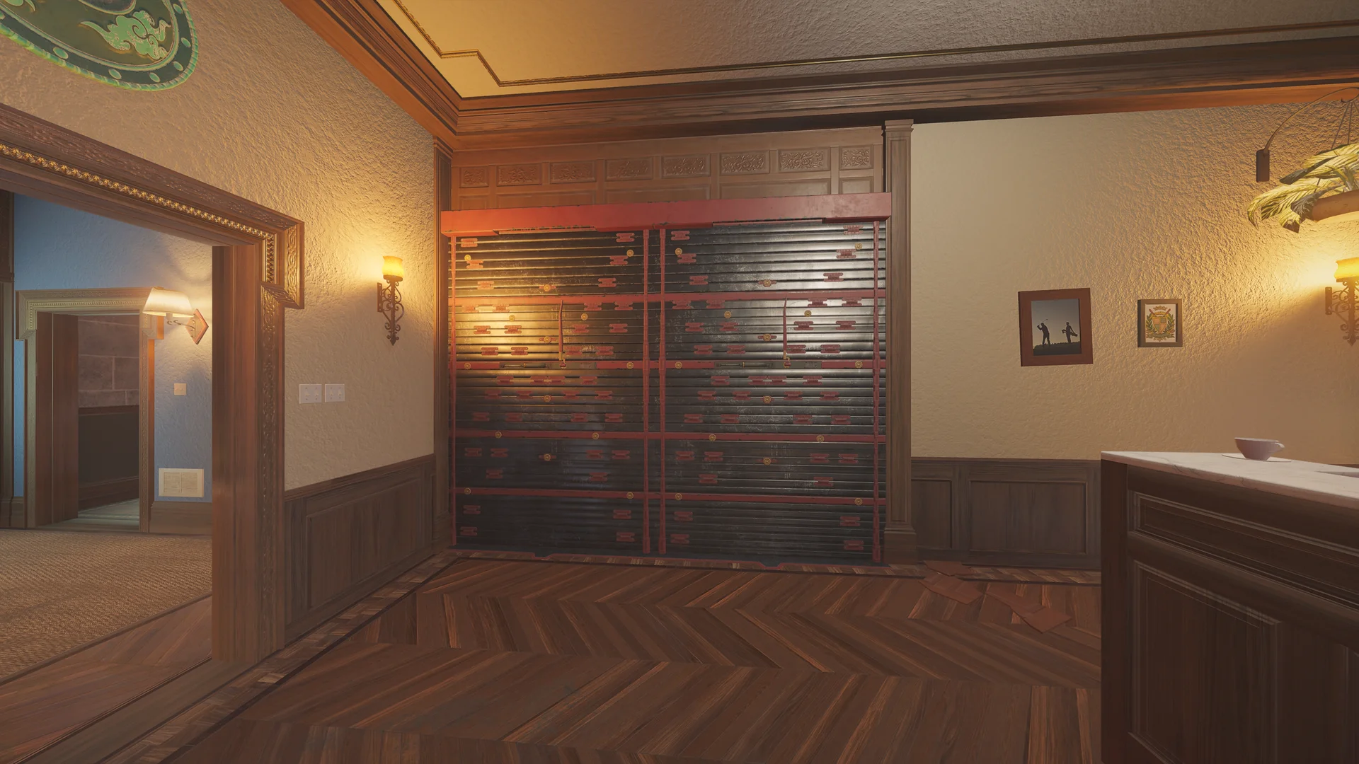 Ornate room on Emerald Plains 2F with a large reinforced shutter wall, wall sconces, framed pictures, and a doorway at left