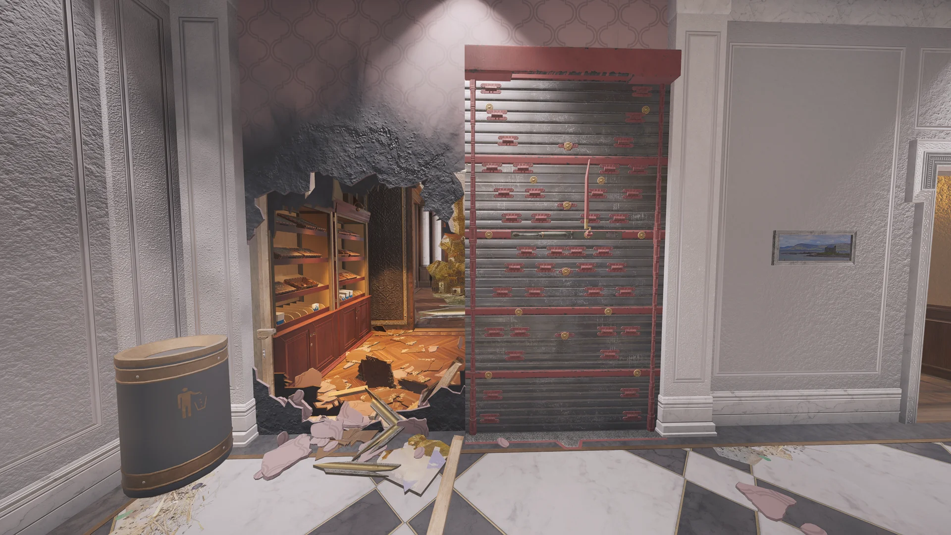 Grand hall on Emerald Plains 2F with a reinforced shutter, a breach hole into a shop with display cabinets, and a checkered marble floor