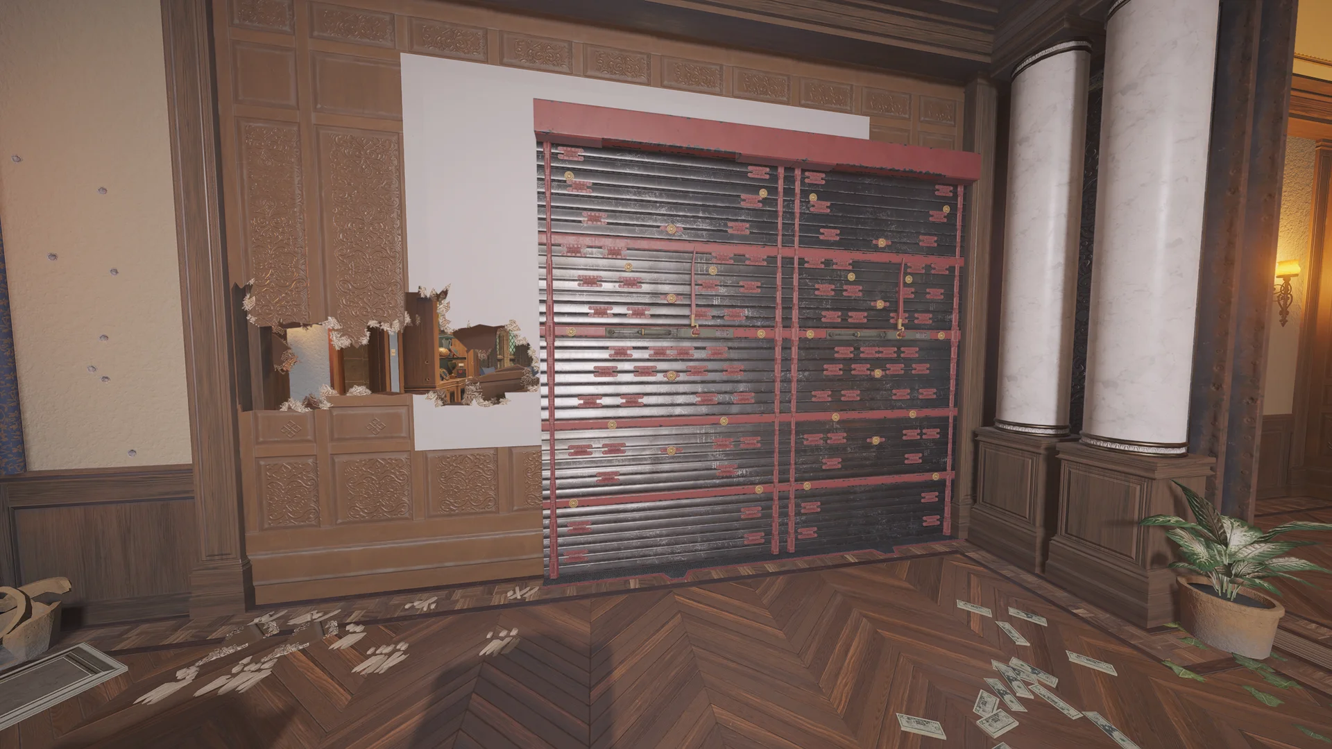 Ornate room on Emerald Plains 2F with a reinforced shutter over a wood-panel wall, a breach hole, marble columns, and cash on the floor