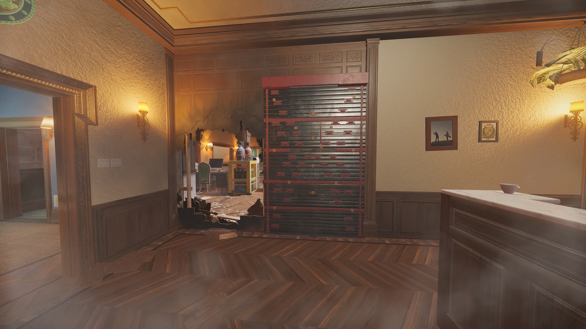 Ornate room on Emerald Plains 2F with a reinforced shutter, a breach hole into an office, wall sconces, and framed pictures on the wall