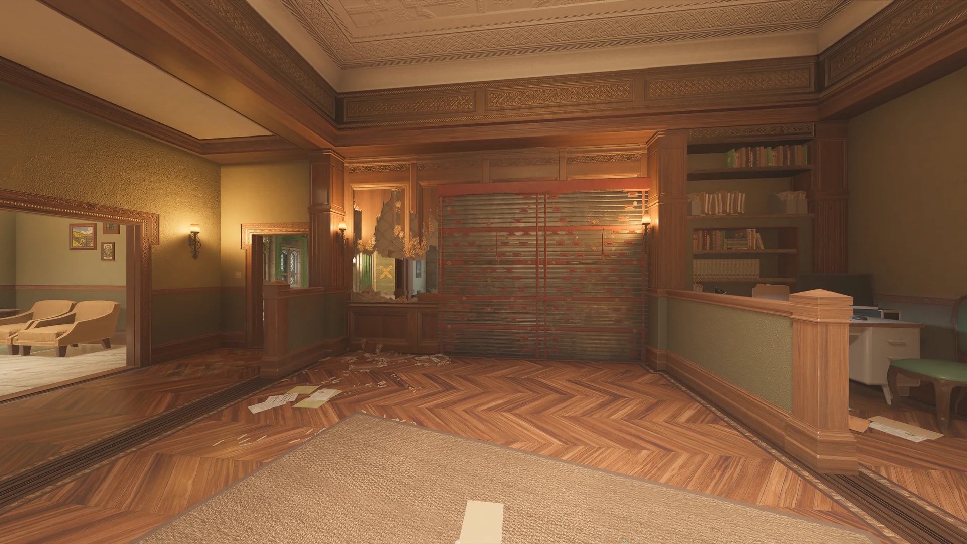 Wood-panelled study on Emerald Plains 2F with a reinforced shutter, bookshelves, a breach hole, and a doorway to a lounge with a sofa