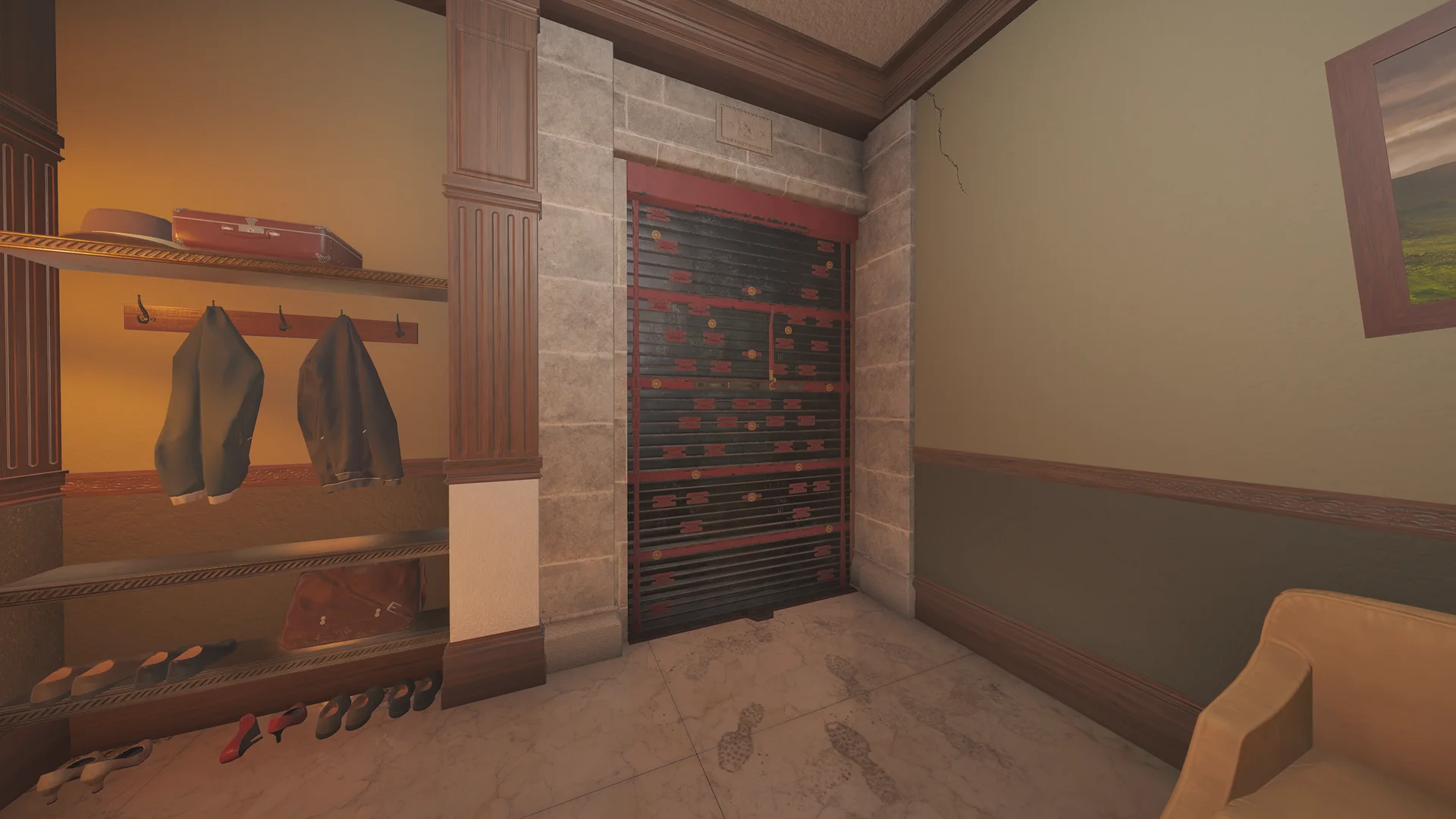 Cloakroom on Emerald Plains 2F with a reinforced roll shutter in a stone doorway, suit jackets on a rail, and rows of shoes along the wall