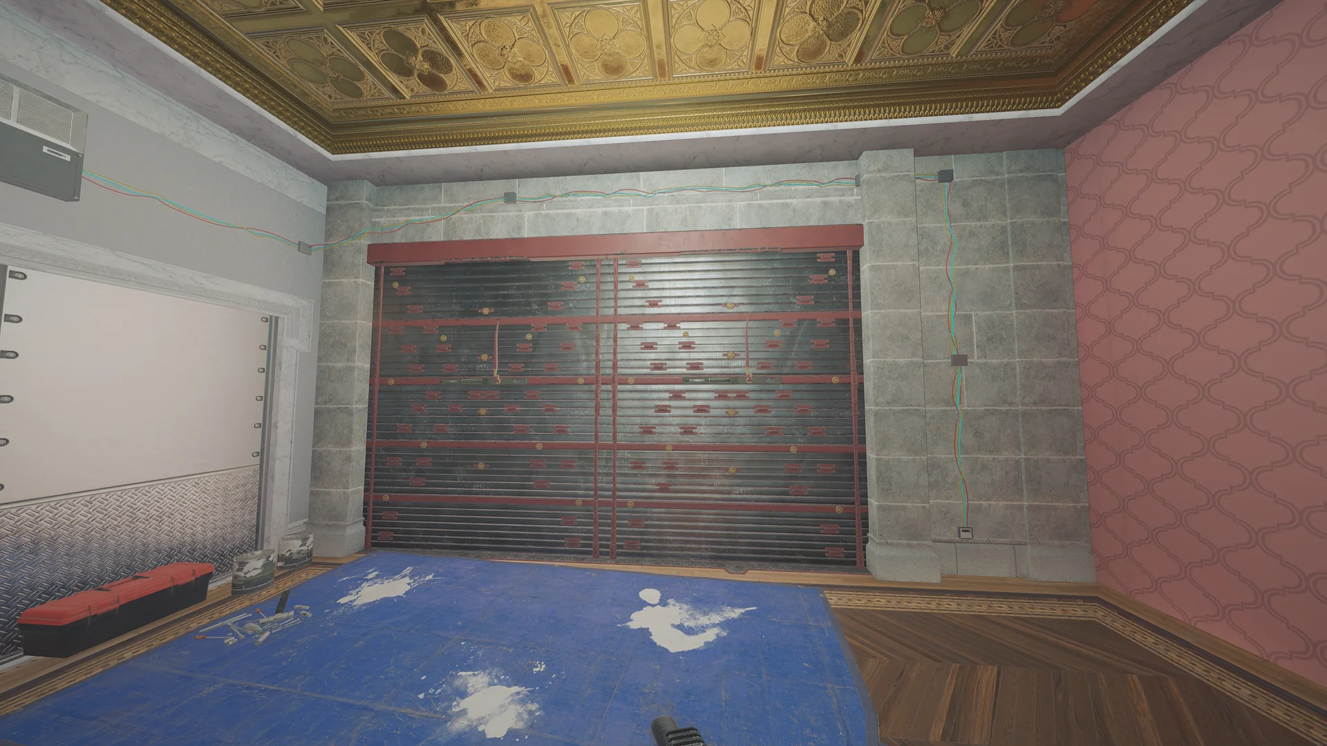 Room on Emerald Plains 2F with a reinforced shutter in a cinder-block wall, a gilded coffered ceiling, pink wallpaper, and a blue floor tarp