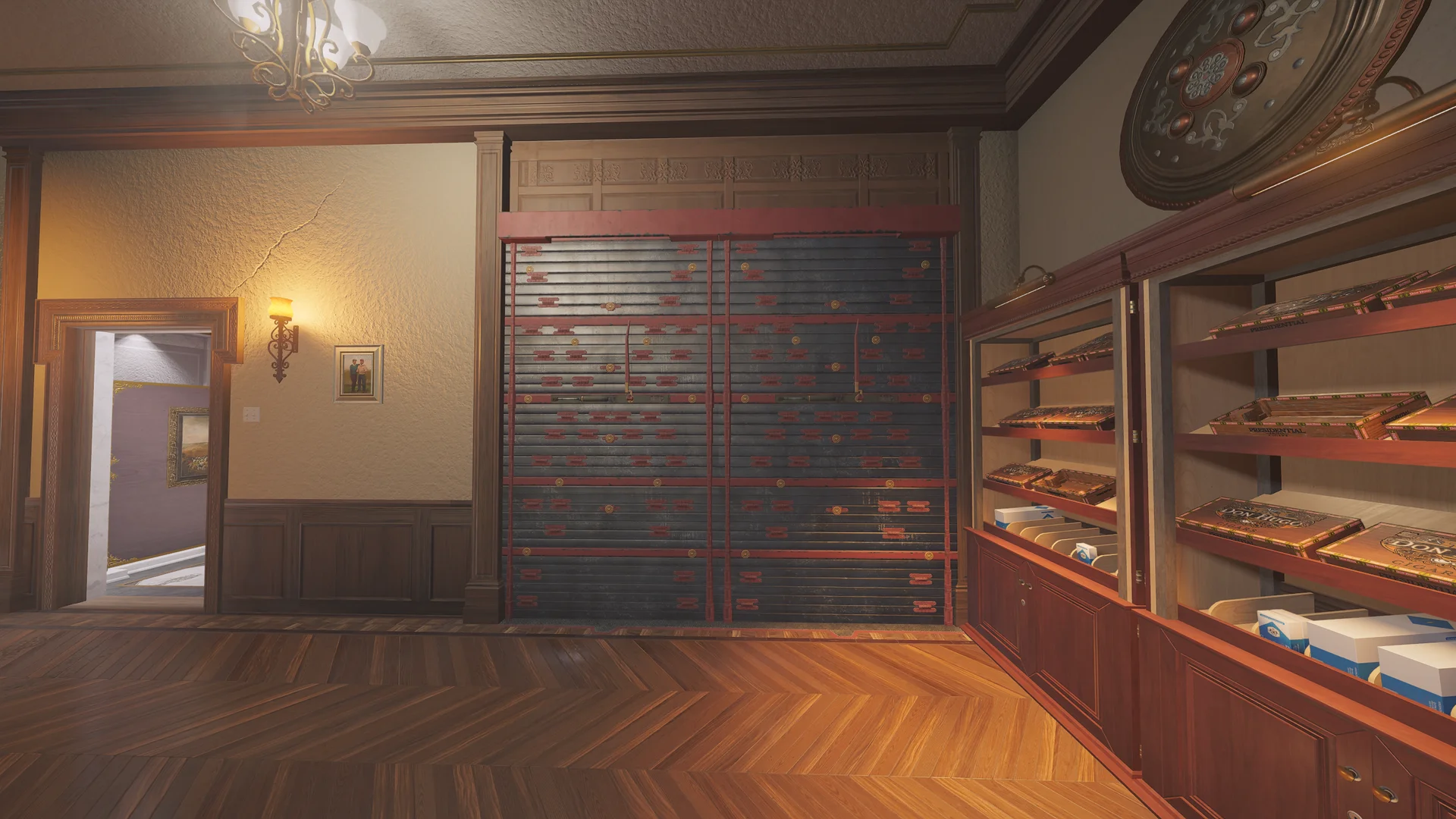 Wood-panelled cigar lounge on Emerald Plains 2F with a reinforced shutter wall, glass cabinets full of cigar boxes, and a doorway at left