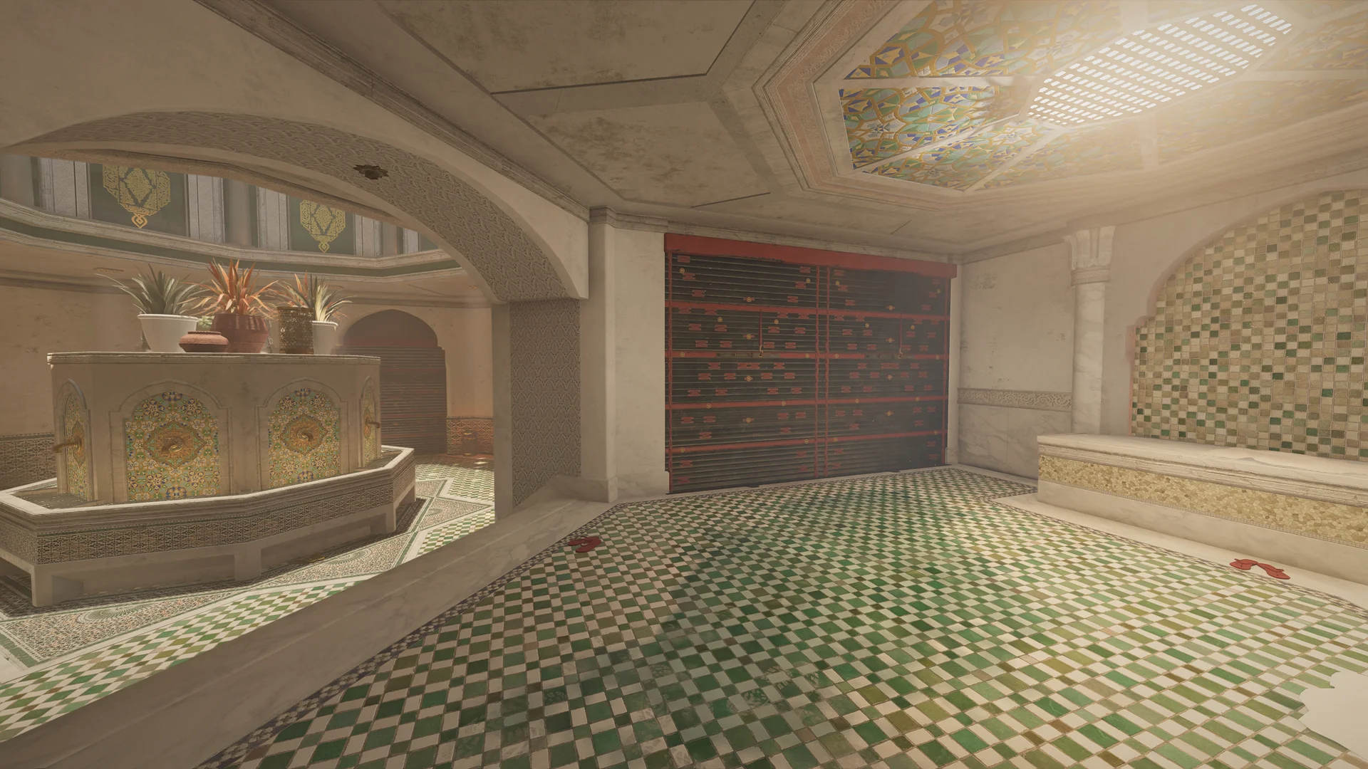 Bathhouse on Fortress 1F with a mosaic-tiled fountain topped with plants, a reinforced shutter, a stained-glass skylight, and tile floors