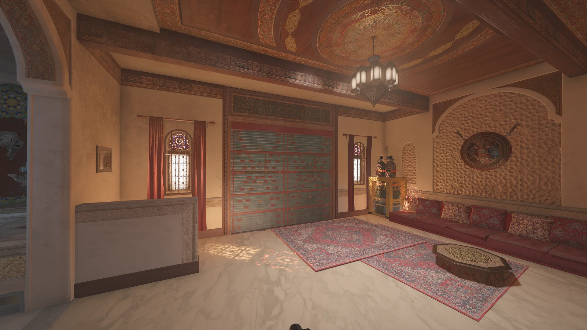 Office on Fortress 1F with a wooden desk, a flag, a wall bookcase with a clock, a breach hole through a wood-panel wall, and a red chaise