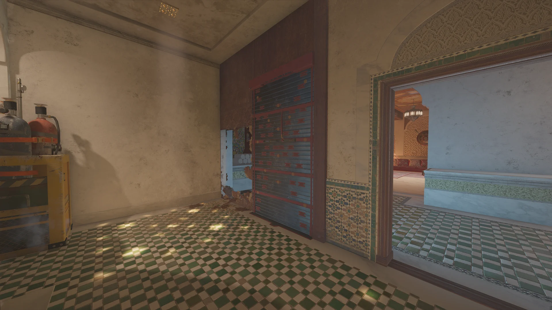 Room on Fortress 1F with a reinforced shutter over a wood-panel wall, gas cylinders on a road case, and an arched doorway to another room