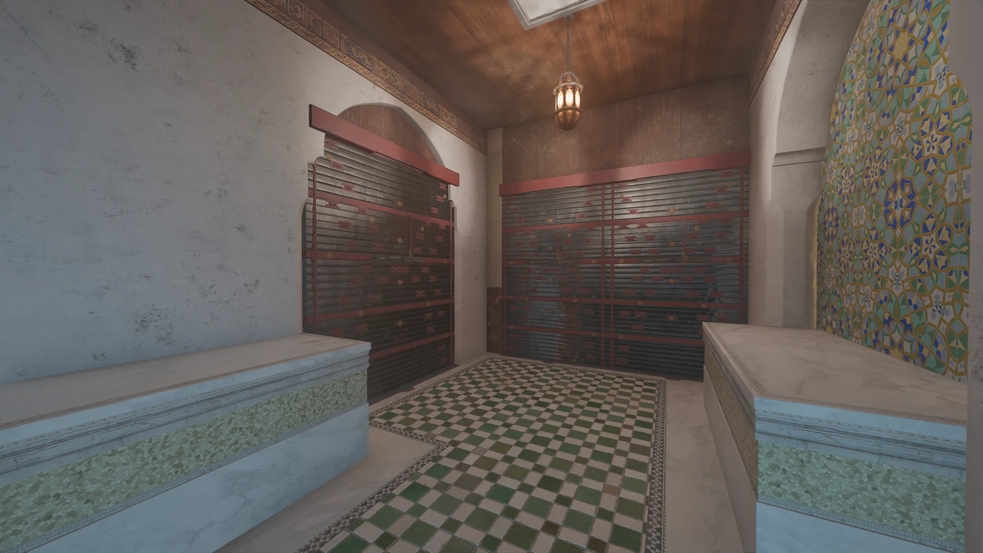 Bathhouse on Fortress 1F with marble benches, two reinforced shutters, a mosaic-tiled wall, a skylight, and a checkered tile floor