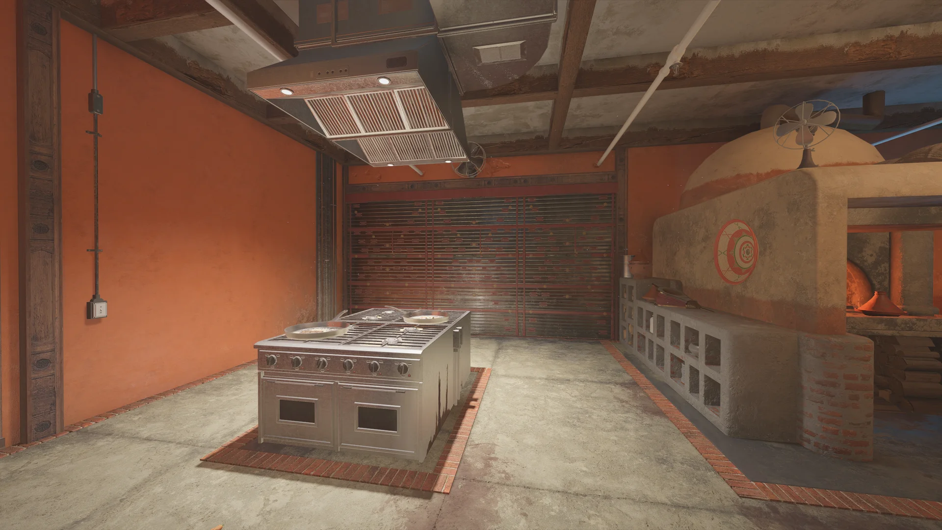 Kitchen on Fortress 1F with a stainless cooking range under an extractor hood, a reinforced shutter, and a domed clay oven at right
