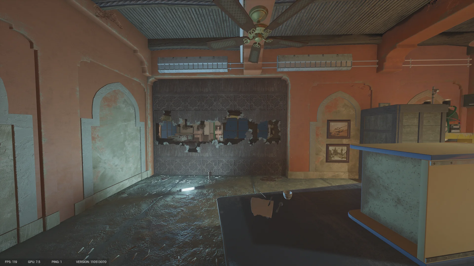 Dim room on Fortress 1F with a breach hole through a wood-panel wall to an adjacent room, arched niches, a ceiling fan, and a glass cabinet
